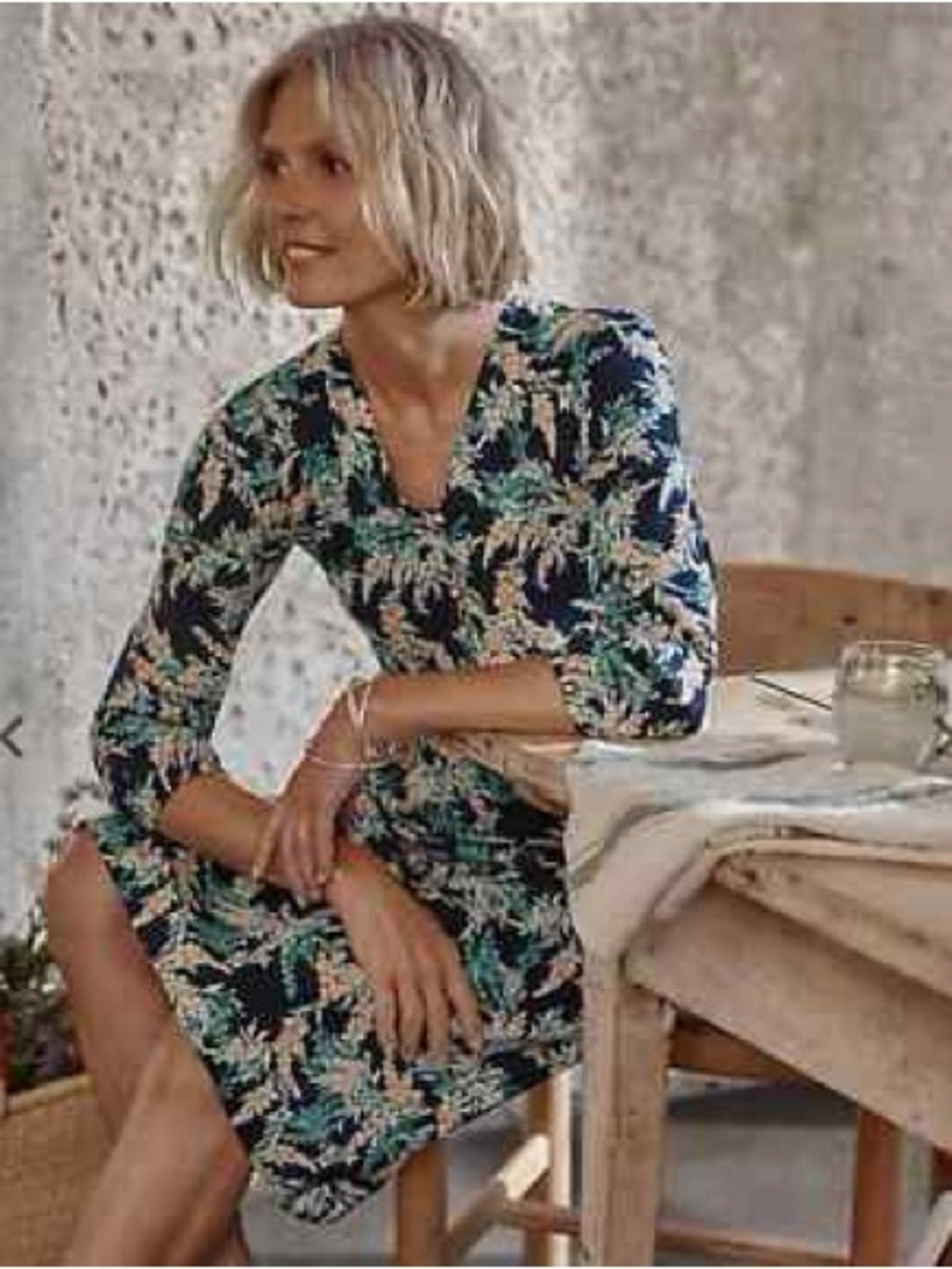 J. Jill Navy Midi Dress with Green & Cream Leaf Print